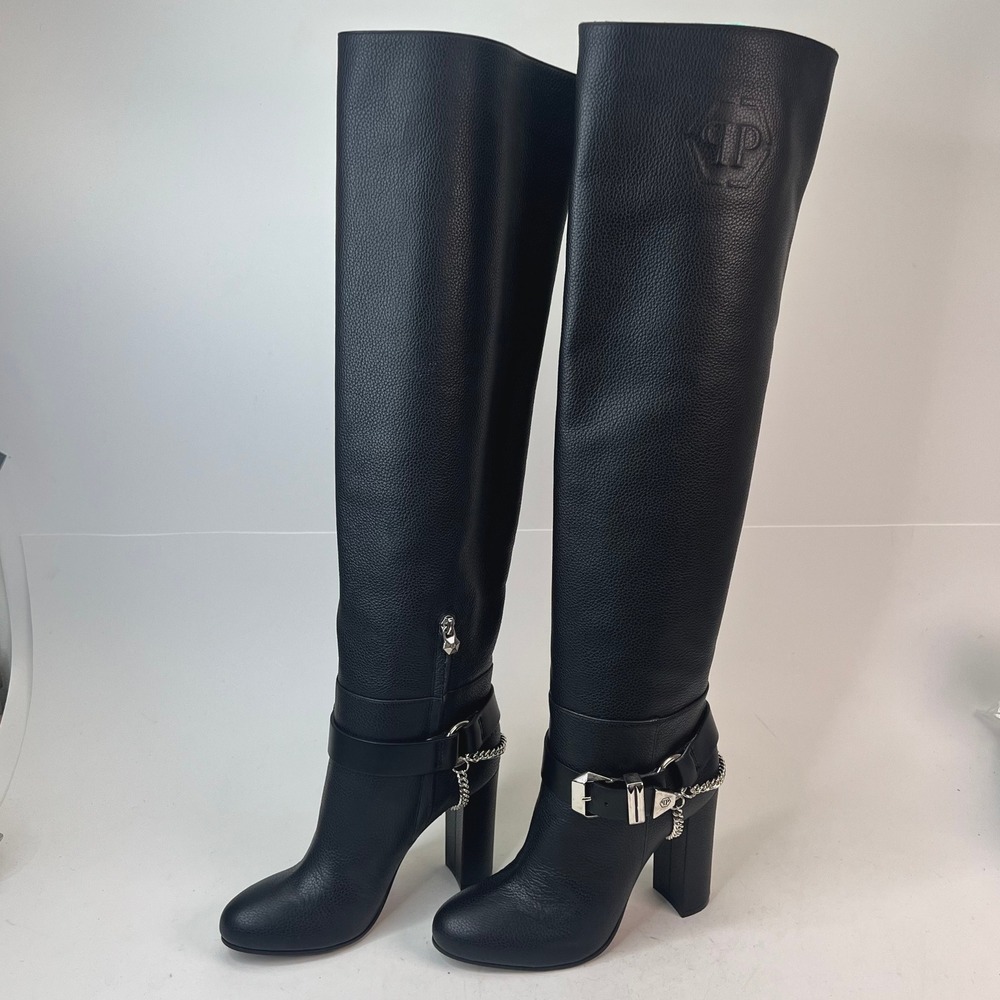 Philipp Plein Buckle Detail Knee High Black Boots Women's EU 39 / US 8 Italy